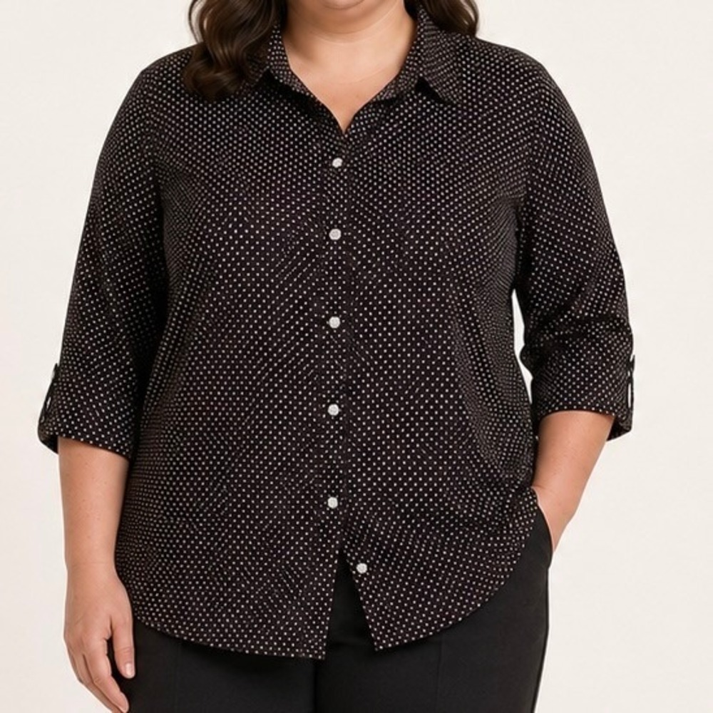 Lauren Ralph Lauren Polka Dot Cotton Button‎ Down Shirt Brown White 1X Plus Size